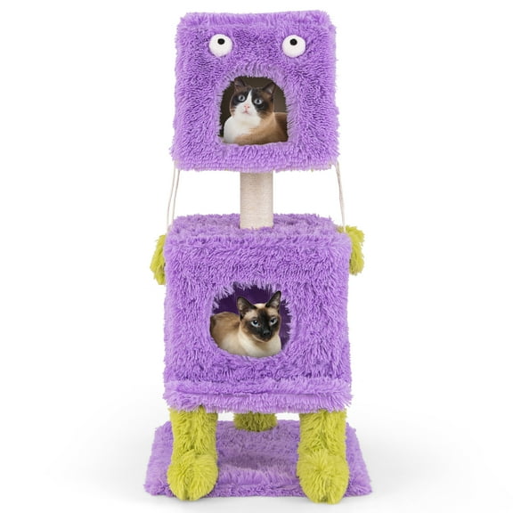 Gymax Arbre à Chat, Tour pour Chat à Thème de Monstre Mignon avec 2 Condos Privés et Peluche Longue Douce