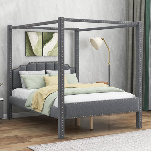 CJC Queen Size Canopy Bed Frame Upholstery Platform Bed with Headboard, No Box Spring Needed, Gray