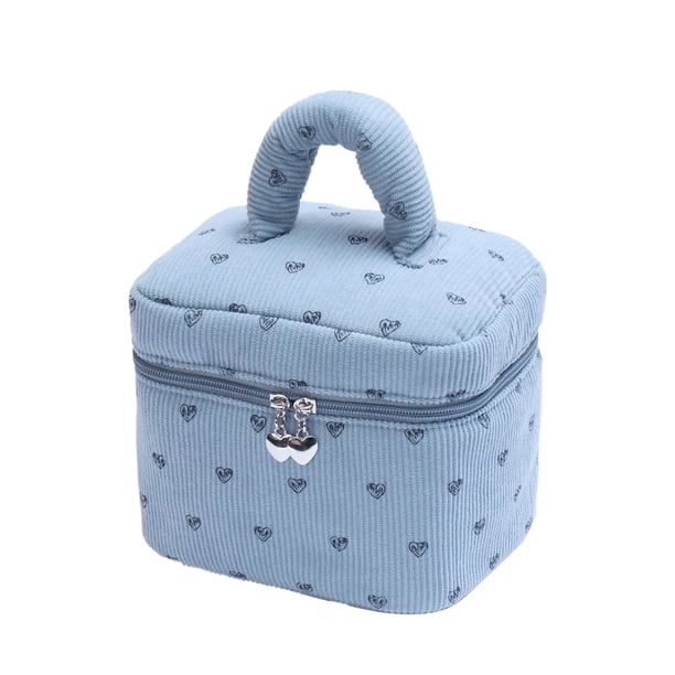 Bolsa de maquillaje de pana con estampado de corazón, bolsa de cosméticos portátil con cremallera, bolsa de maquillaje, organizador de artículos de tocador para mujeres y niñas.