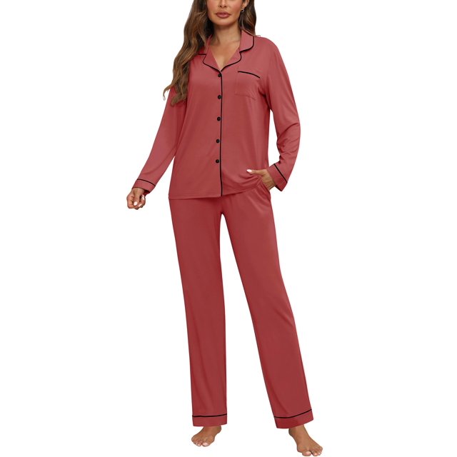 Conjunto de pijama ZMJ para mujer, manga larga con botones y pantalones largos
