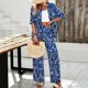 thumbnail image 5 of Camisa de Manga Conjunto de blusa de solapa y pantalón de pierna ancha para mujer, traje informal y cómodo para el hogar Ygjytge Azul T XL para Mujer, 5 of 7