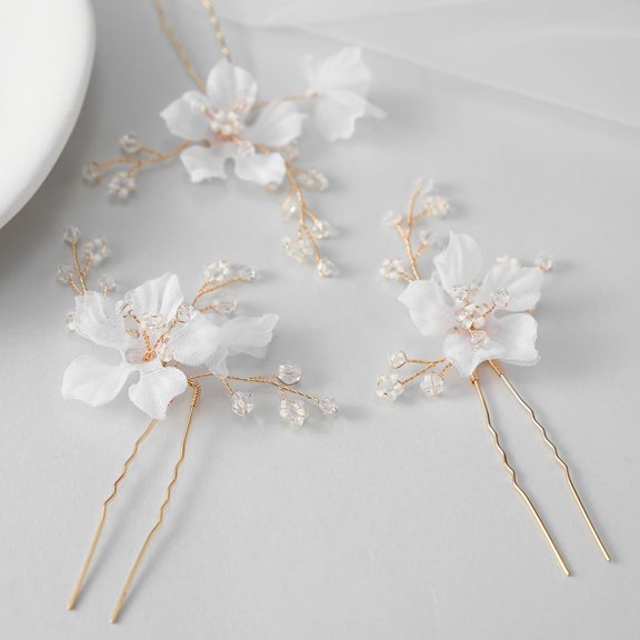 3Pcs Bridal Hair Pins White Flower Bride Hair Pieces Wedding Hair Side Combs Floral Headpieces Accessories Fall Beach Clip for Brides Bridesmaids Women Girls