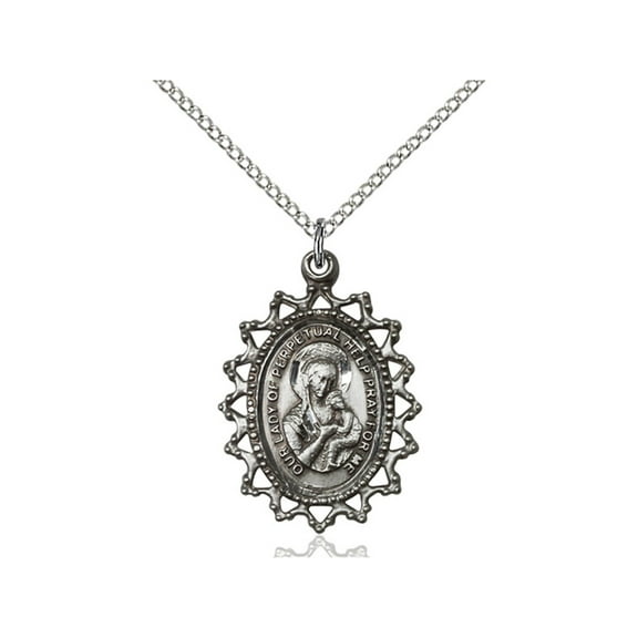 Sterling Silver Our Lady of Perpetual Help Pendant 1 x 3/4 inches with Sterling Silver Lite Curb Chain