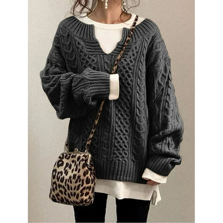 Sweaters for Women Ribbed Mock Neck Sweater Chunky Cable Knit Lantern Sleeve Knitted Pullover Sweater Walmart