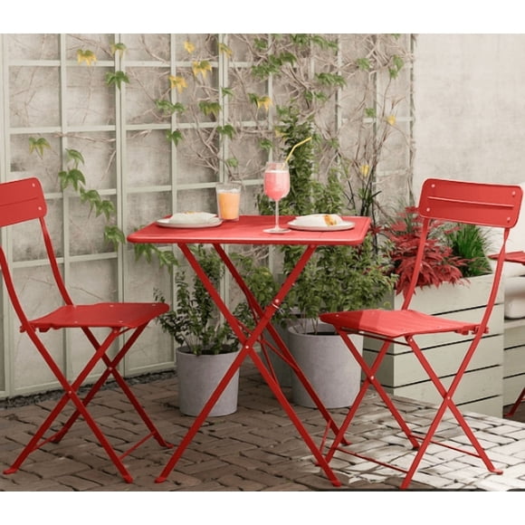 YUSAZENS 3-Piece Outdoor Square Patio Bistro Set, Sturdy Iron Frame Table and Chairs, All-Weather Furniture for Balcony Garden Yard Poolside Red