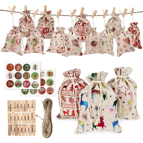 24pcs Small Decorative Cloth Hanging Bag, Advent Calendar, Burlap Bag, Christmas Gift Bag, Elk Star Christmas Bag