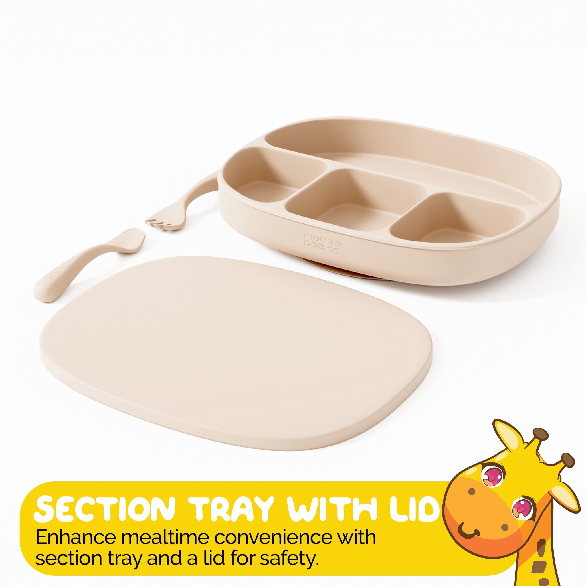Infant Feeding Set by Muqee Peeko in Beige Color by Muqee Peeko with Plates with Suction and Utensils - (3 Piece Set)