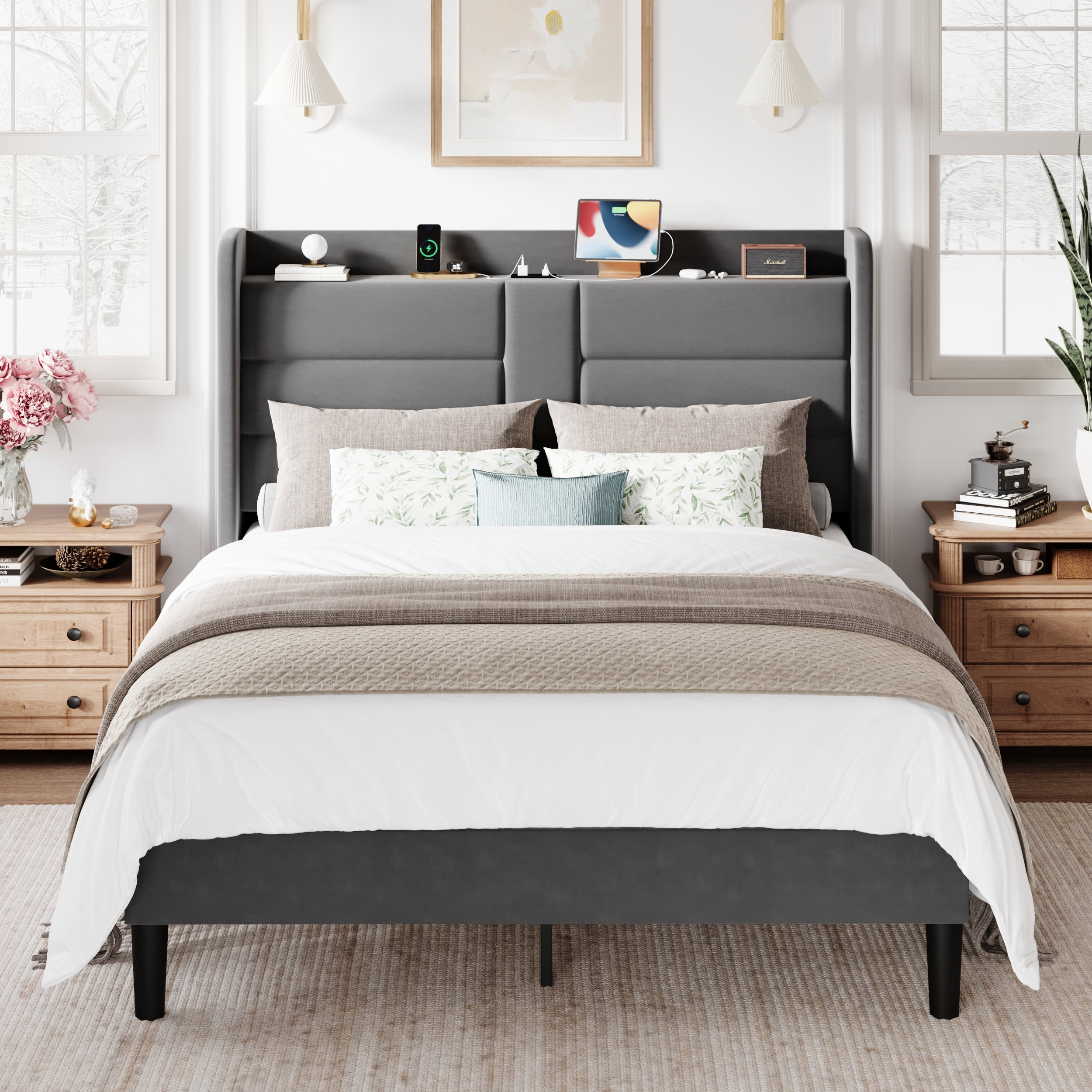Amolife Full Size Upholstered Platform Bed Frame with Velvet Wingback Headboard & USB Charging Ports, No Box Spring Needed, Grey