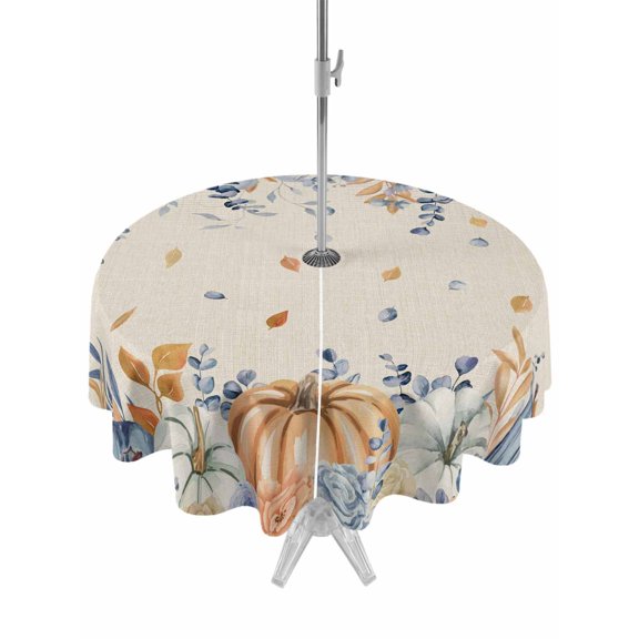 Outdoor Tablecloth with Umbrella Hole and Zipper, Orange Blue Fall Round Table Cloth 54 Inch Waterproof Tablecloth, Thanksgiving Floral Botanical Rustic Picnic Table Cover for Patio Camping