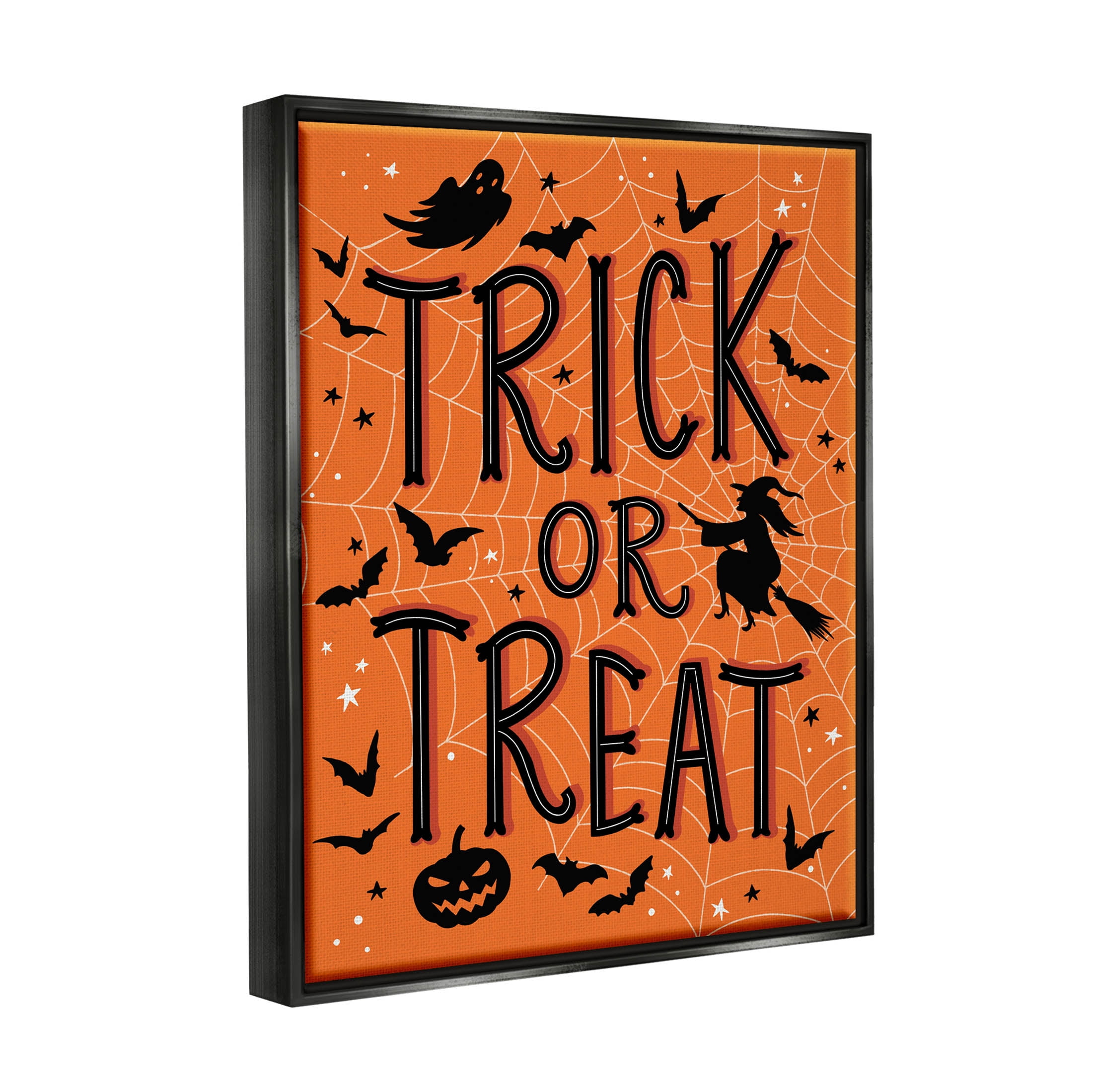 Stupell Industries Trick Or Treat Spider Web Graphic Art Jet Black Floating Framed Canvas Print Wall Art, Design by Nina Seven