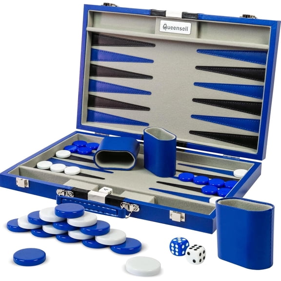 Queensell Backgammon Board Game Set – 15 inch Blue PU Leather for Adults