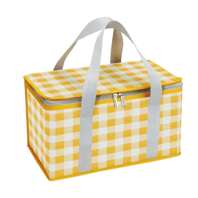 Cloth picnic basket for outdoor spring trips, featuring a large capacity and foldable design. Made of durable cloth material in a yellow and white checkered pattern, with comfortable gray handles and a zippered closure. Suitable for storing tableware, vegetables, or as a decorative storage basket. Dimensions: 35x20x1cm (13.77x7.87x0.39in).