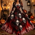 thumbnail image 2 of Skeleton Dress Long Sleeve V Neck Maxi Halloween Dresses for Women Spooky Skull Rose Gothic Festival Party Outfit, 2 of 4