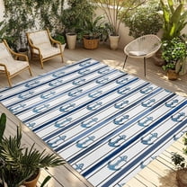 Fsddascl Navy Blue Anchor Nautical Outdoor Rug for Patio/Deck/Porch, Non-Slip Large Area Rug 6 x 9 Ft, Coastal Ocean Blue Striped Indoor Outdoor Rugs Washable Area Rugs, Camping Rug Carpet