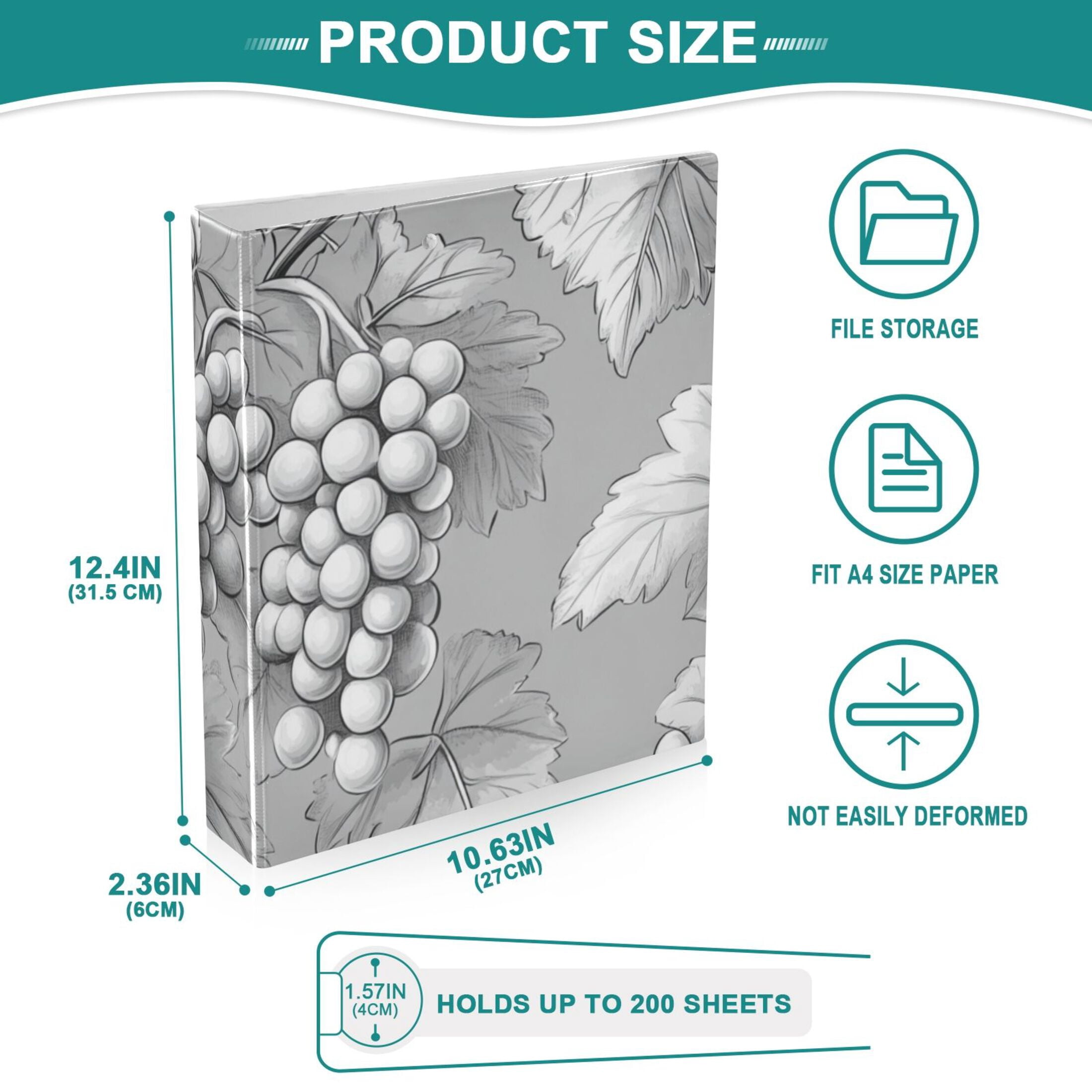 Gray Grapes Leaves 3 Ring Binders 1.5 inch Hardcover File Folders with Interior Pockets A4 Size Organizer for School Office Hospital Set of 2