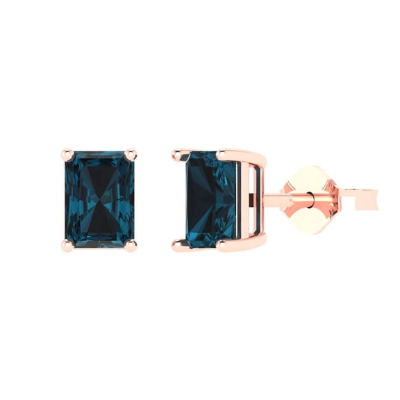 1 ct Push-Back Stud Earrings for Women | 6x4mm Emerald Cut Natural London Blue Topaz | 18K Rose Gold