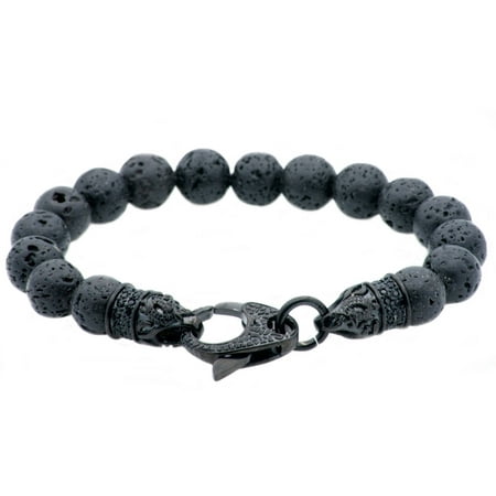 Men's Genuine Lava Stone Black Stainless Steel Bead Bracelet, 8.75