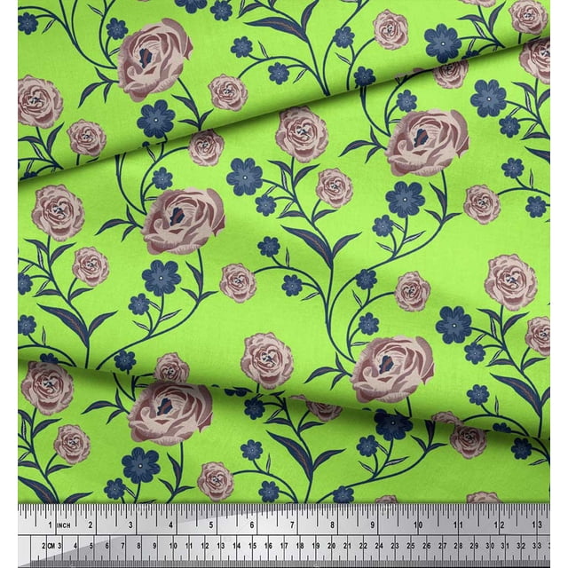Soimoi Modal Satin Fabric Leaves & Rose Floral Print Fabric by Yard 42 Inch Wide