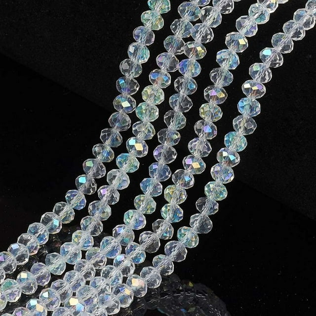 10 hilos de dijes de vidrio electrochapado, estilo arcoíris, facetados, transparentes, de 6x5 mm, con orificio de 1 mm. 83-85 piezas por hilo. 38-39 cm.