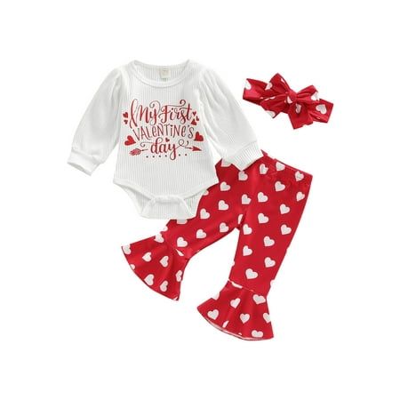 

Bagilaanoe 3Pcs Newborn Baby Girl Valentine s Day Outfits Letters Print Long Sleeve Romper Tops + Heart Print Flared Trousers + Headband 3M 6M 12M Infant Long Pants Set