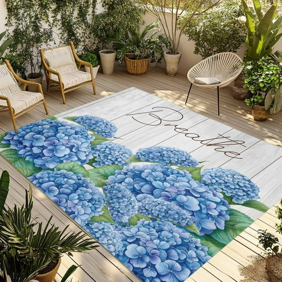 Fsddascl Blue Hydrangeas Floral Outdoor Rug for Patio/Deck/Porch, Non-Slip Large Area Rug 5 x 8 Ft, Spring Summer Flower Wooden Grain Indoor Outdoor Rugs Washable Area Rugs, Camping Rug Carpet