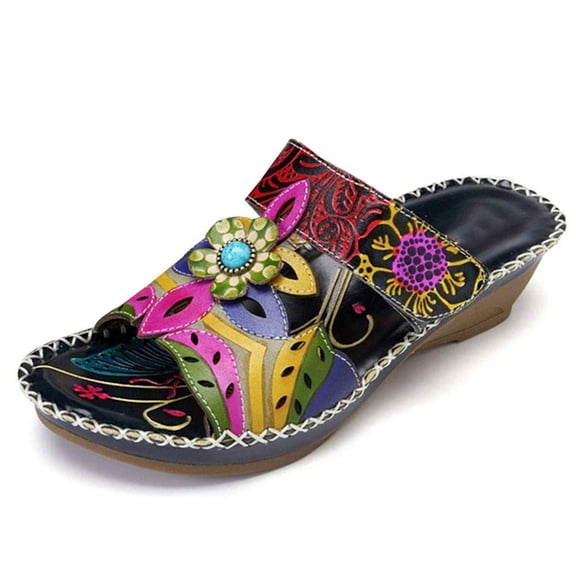 OIOLOYJM Womens Summer Wedge Sandals Orthopedic Arch Support Comfy Slip-On with Floral Hollow Design Peep Toe Platform Boho Beach Shoes Black US/9.5-10