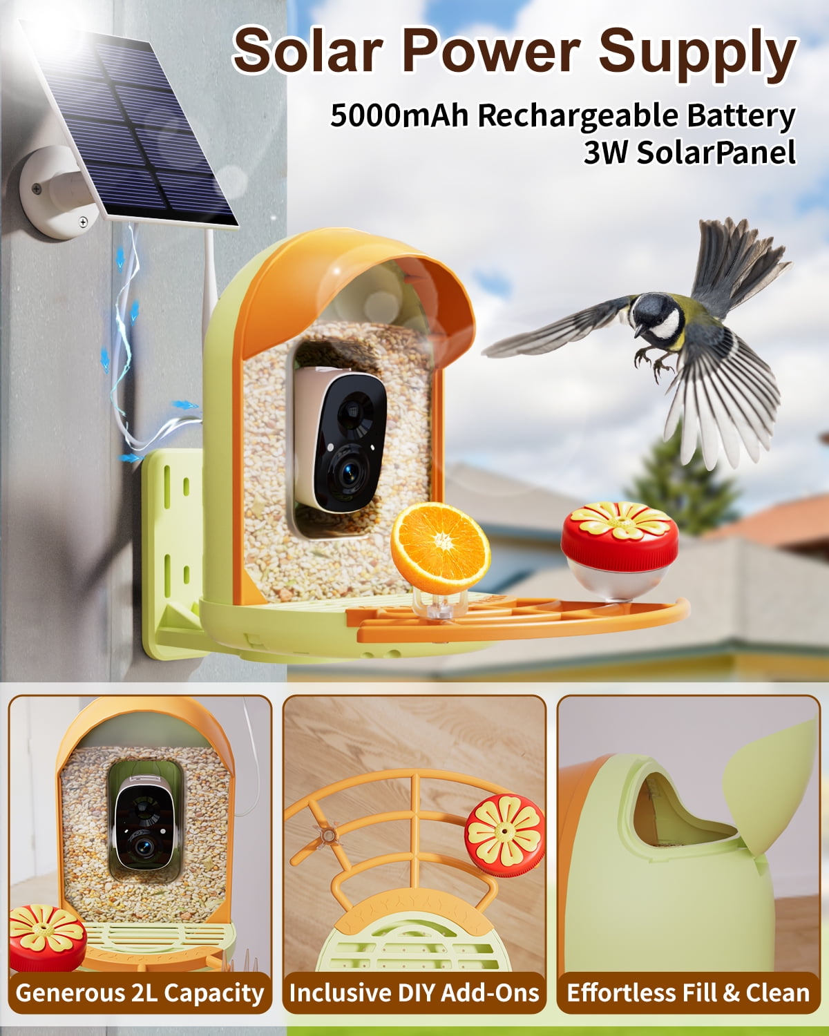 Bird Feeder with Camera, 2K HD Camera Birds Feeder with AI Recognition, Solar Powered Birdfeeder Cam with Night Vision, IP65 Outdoor Backyard Birds Watching, Gift for Bird Lovers – Light Green