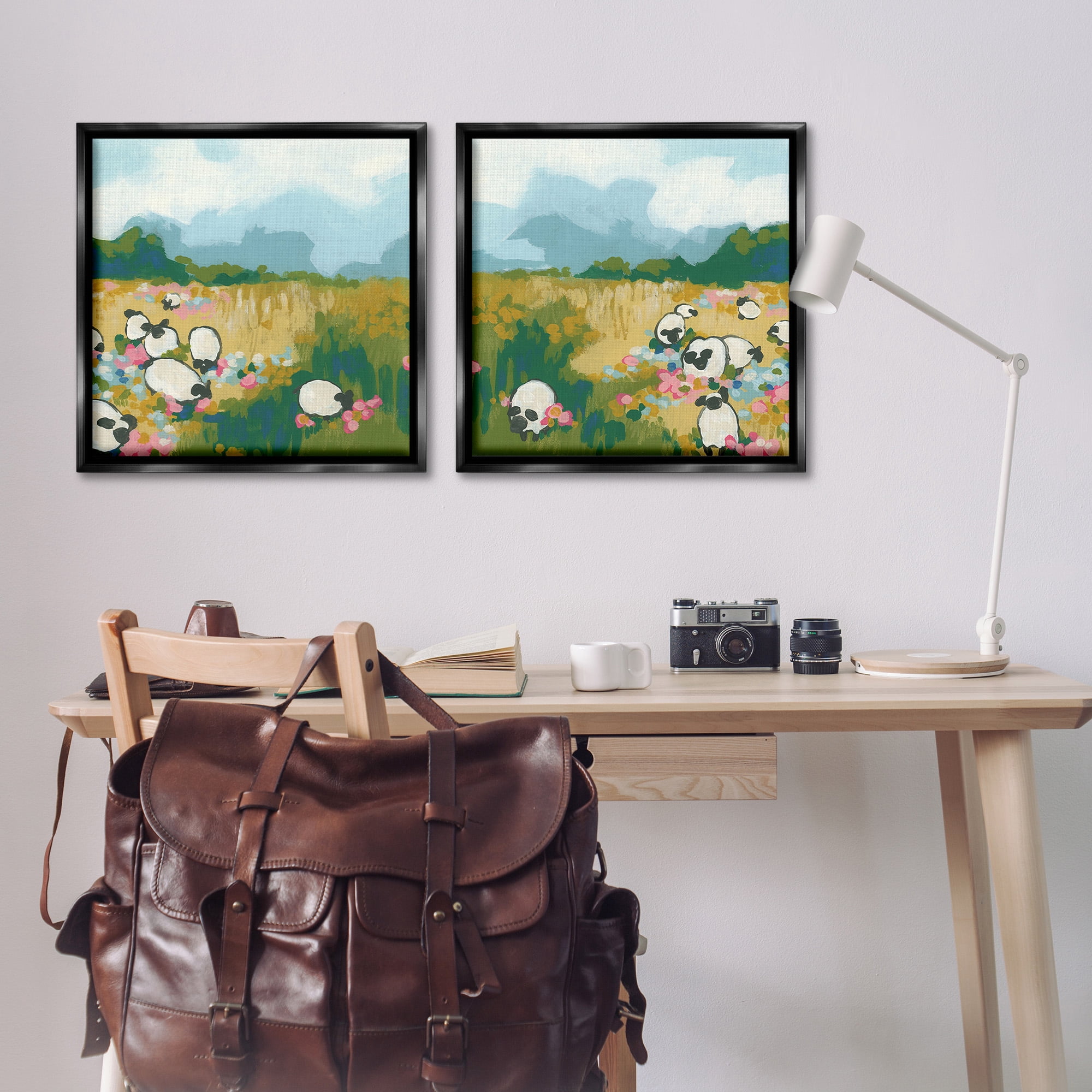 Stupell Industries Scattered Sheep in Field Landscape Painting Black Floater Framed Canvas Art Print Wall Art, 25 x 25, Set of 2