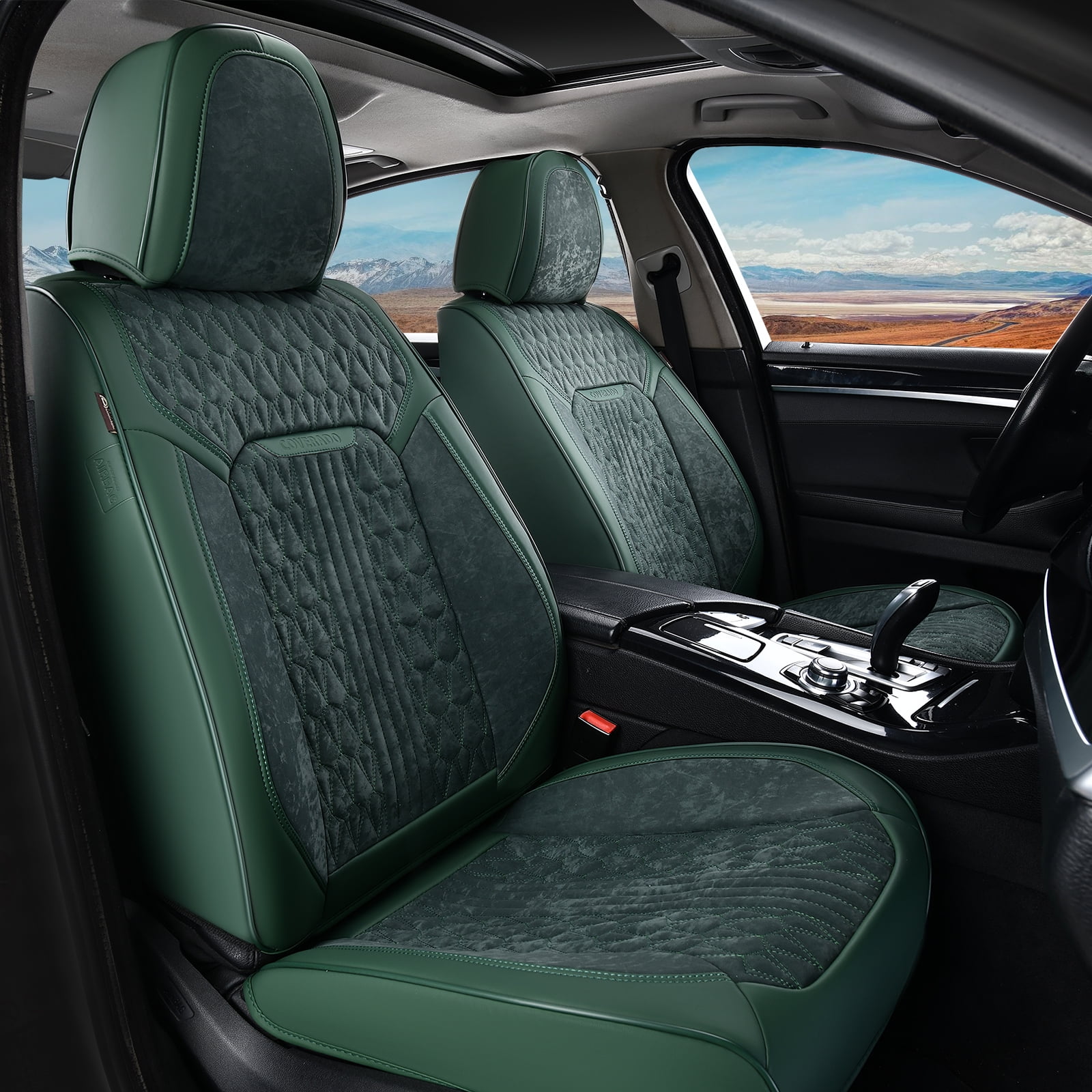 Coverado Full Set Car Seat Covers, Front and Back Seat Protectors, Faux Leather & Flannel Fashion Auto Accessories, Universal Fit Most Cars, SUVs Pickup Trucks, Green