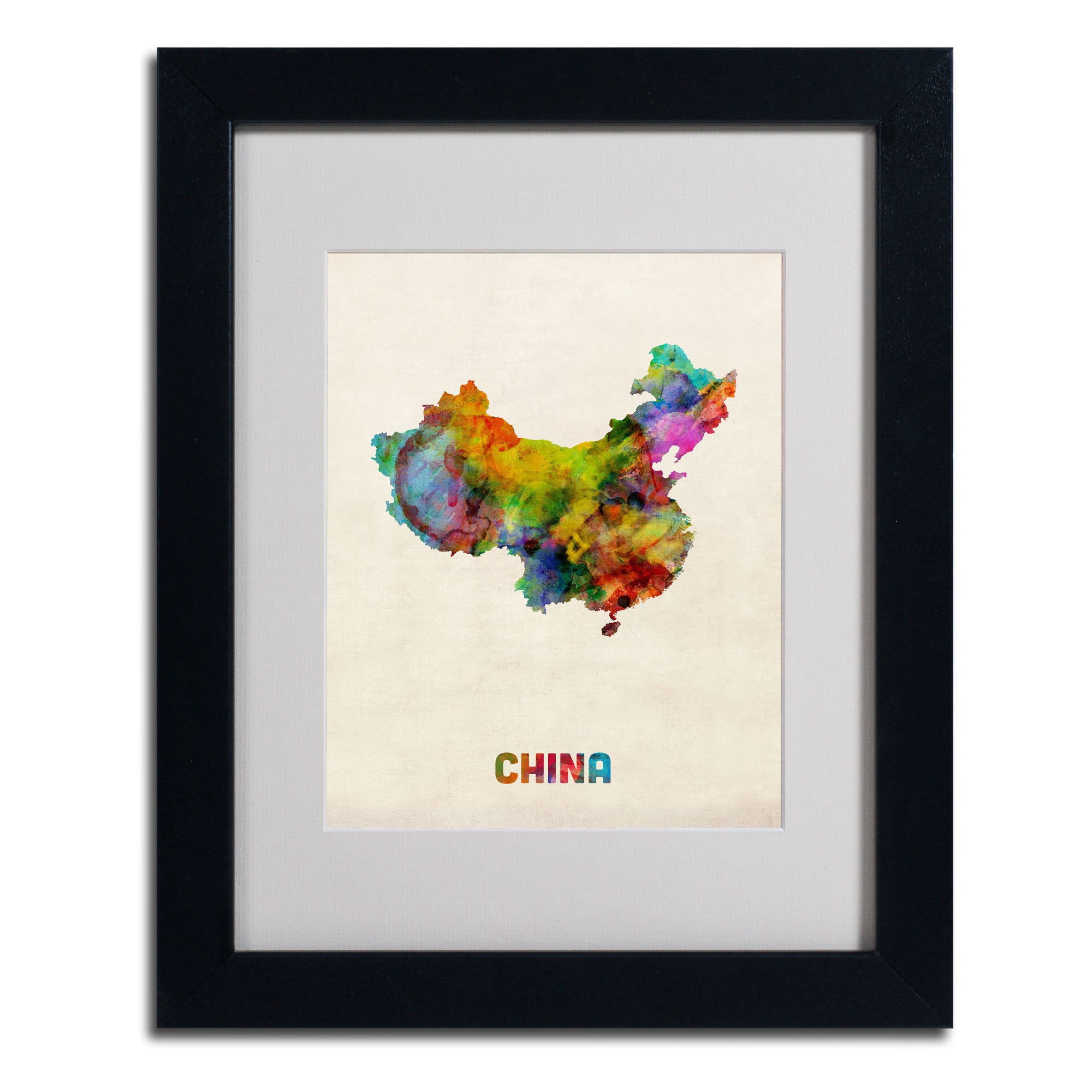 Trademark Fine Art "China Watercolor Map" by Michael Tompsett, Black Frame