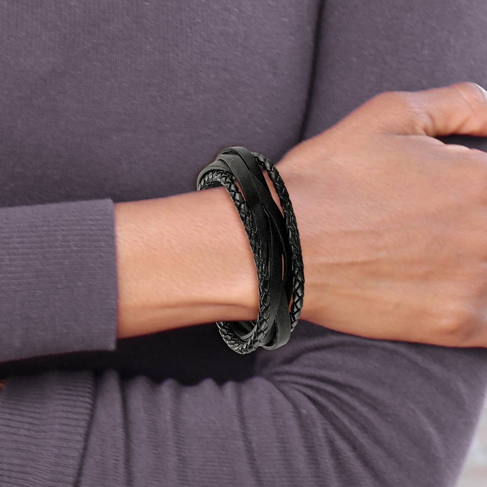 Diamond2Deal Stainless Steel Brushed Multi Strand Black Braided Leather Bracelet for Men 8.25"