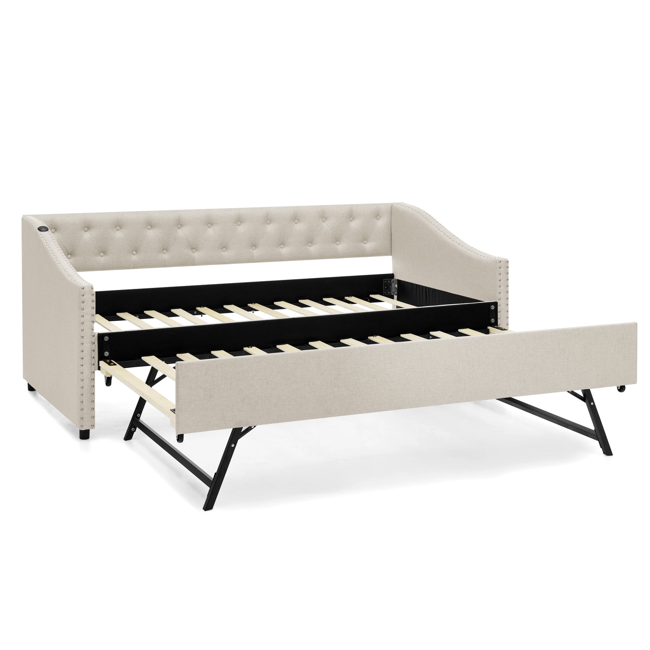 Noble House Liza Twin Size Upholstered Tufted Daybed, Extendable Pull-out Double Bed Frame with Charging Port, Beige
