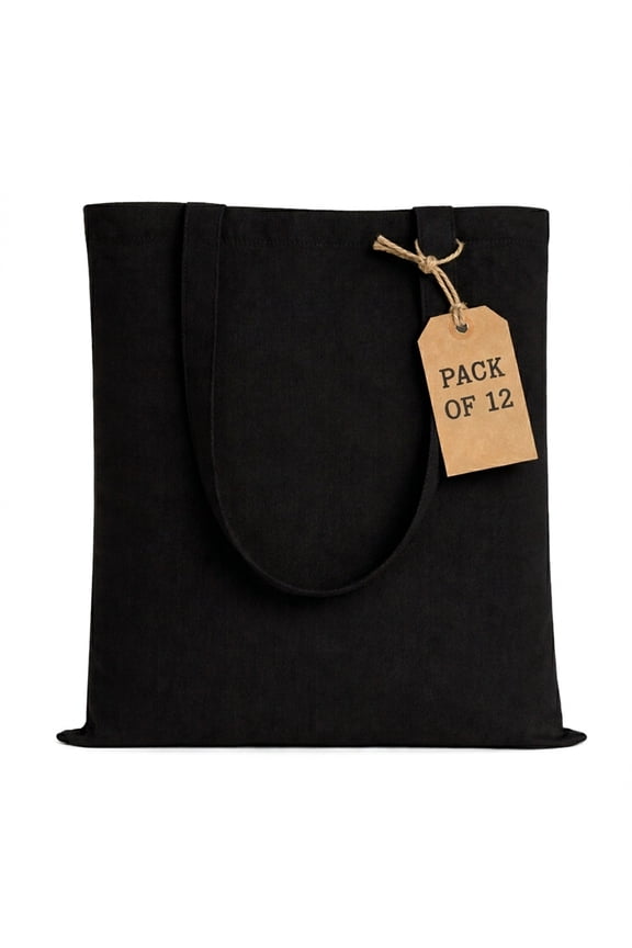 Pack of 12 100% Cotton Reusable Tote Bags Bulk Grocery, Shopping, DIY, Beach & Gift Use (Black)