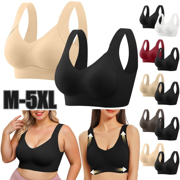 Kilaqueen 2pcs Ribbed Wireless Bras for Women Casual Oversized Workout Push Up Bra Full Coverage Sports Bra Adjustable Straps Breathable Everyday Bra