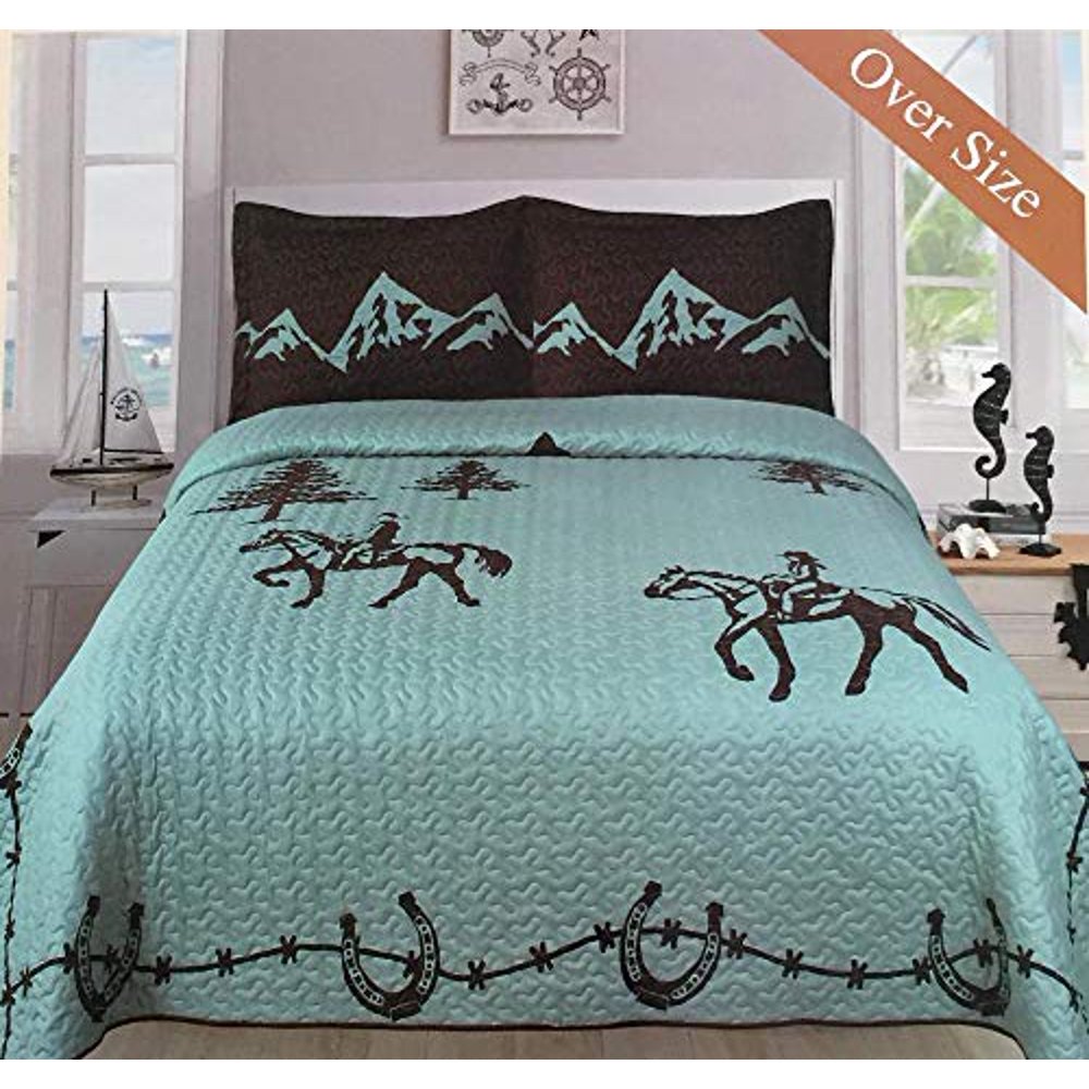 Linen Mart Queen Quilt 3 Piece Set Bedspread Coverlet Turquoise Brown