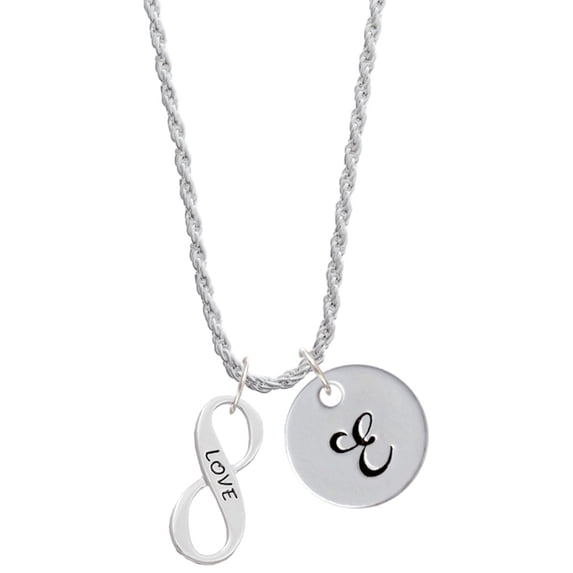 Delight Jewelry Silvertone Love Infinity Sign Silvertone Script Initial Disc - E - Charm Necklace, 20"+3"