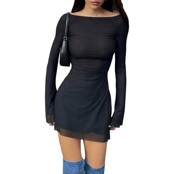 Women Y2k Long Sleeve Backless Mini Dress Black Mesh Bodycon Dress Summer Club Streetwear
