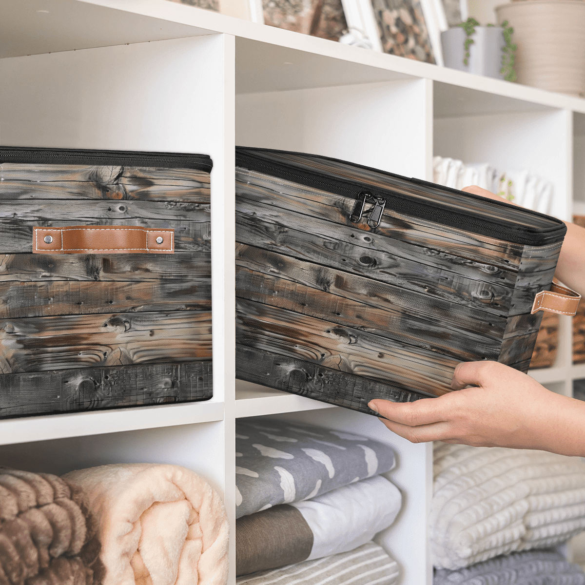 CURLYOOT Vintage Wood Texture Fabric Storage Bins with Lids, Foldable Storage Boxes Washable Storage Cube, Closet Bedroom Home Organizer Containers with PU Leather Handles