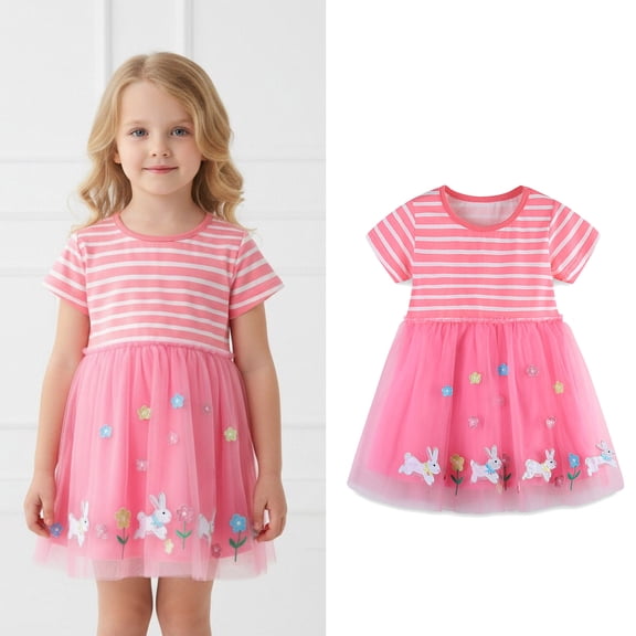 Girl Easter Dress Short Sleeve Striped Tulle Dress Girls Summer Dresses for Girls 4-5 Years