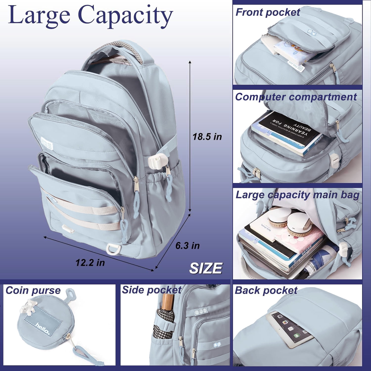 DAKIMOE Large School Backpack for Girls Boys Lightweight Spacious Kids Bookbag with Multiple Pockets for Middle School College, Blue