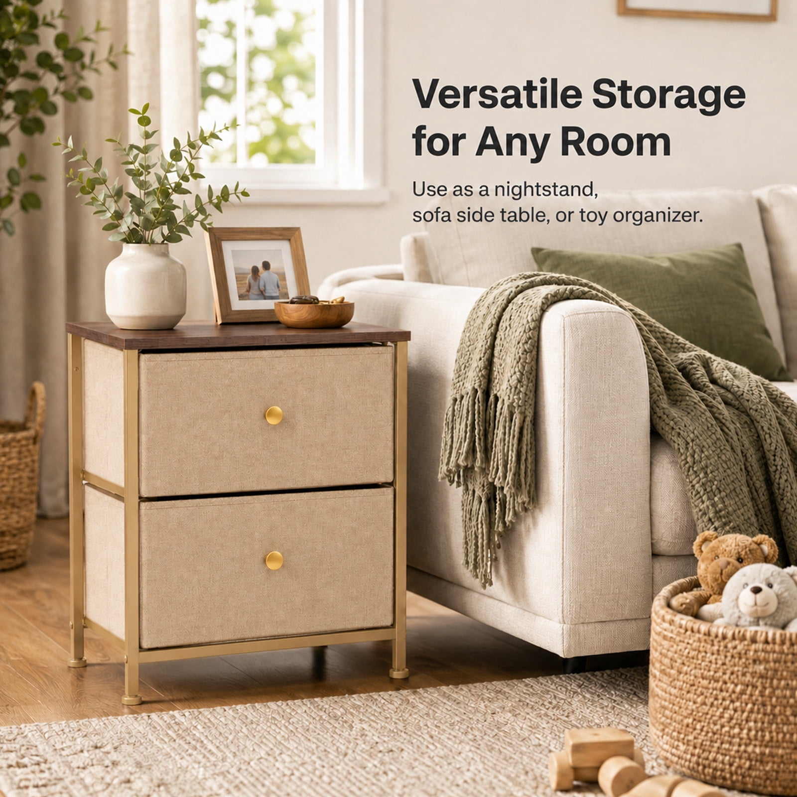 Alvantor Nightstand with 2 Storage Drawers, Small Bedside Table, Small Dresser with Sturdy Wooden Top for Daily Essentials, Compact Nightstand for Bedroom and Small Spaces