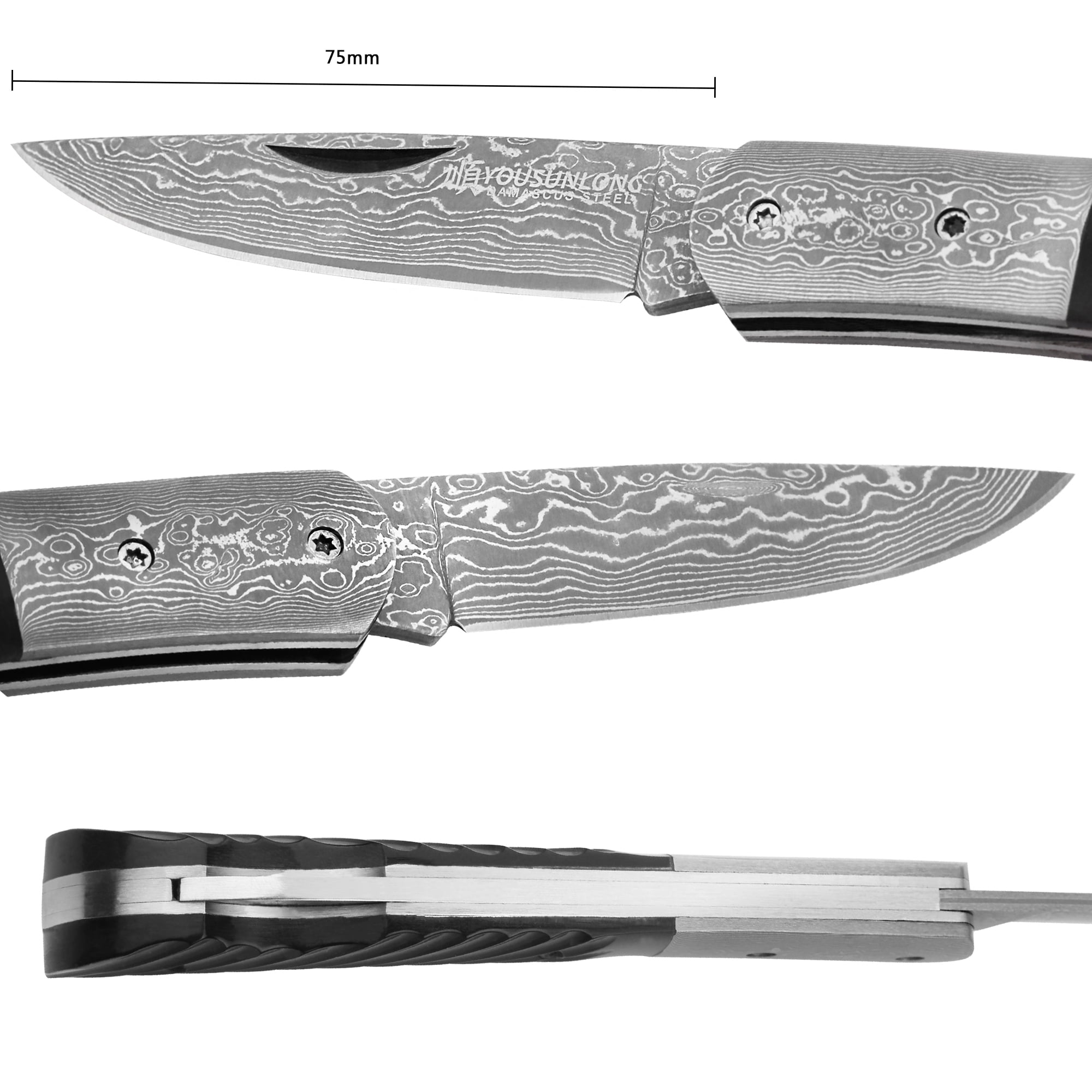 YOUSUNLONG Folding Knife - Camping Knife Overall 175mm Japanese Damascus Steel Buffalo Horn Handle