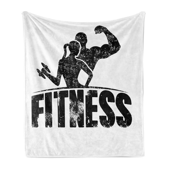 Fitness Soft Flannel Fleece Throw Blanket, Grunge Man and Woman Silhouettes Working out Muscles Strong Training Couple, Cozy Plush for Indoor and Outdoor Use, 70" x 90", Black and White, by Ambesonne