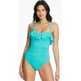 thumbnail image 2 of Bleu By Rod Beattie Women's Shirred Ruffle Bandeau Mio One Piece Swimsuit Blue Size 6, 2 of 4