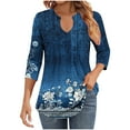 thumbnail image 2 of JTZGDY Womens 3/4 Sleeve Tops Dressy Casual Floral Printed Fall V Neck Outfit Graphic T-Shirts Trendy Basic Ruched Pleated Fall Tunic Blouse for Leggings Blue#05 XXL, 2 of 7