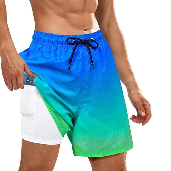 XFeng Men's 2 in 1 Swim Trunks, Print Board Shorts with Compression Liner, Quick Dry Beach Swim Shorts with Pockets