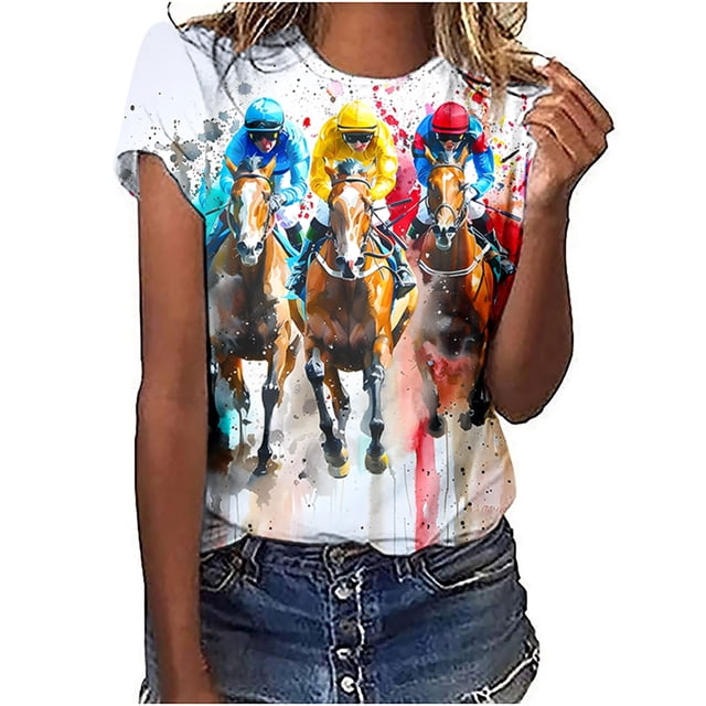 Simua Womens Horse Racing Tops Cap Sleeve Summer Retro Blouse Crew Neck Tee Shirt Stylish Workout Tshirts for Ladies