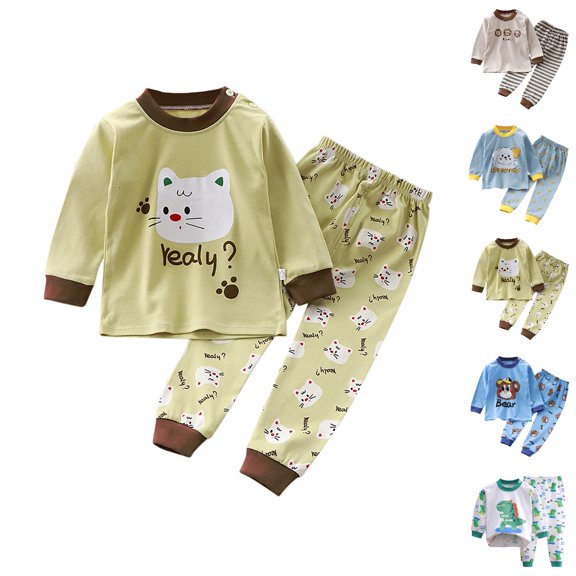 UJNDER Little Boys Girls Cartoon Print Round Neck Long Sleeve Top and Pants Thermal Loungewear Pajama Set for Toddler Kids Kids Pajamas,02_Light Green,5-6 Years