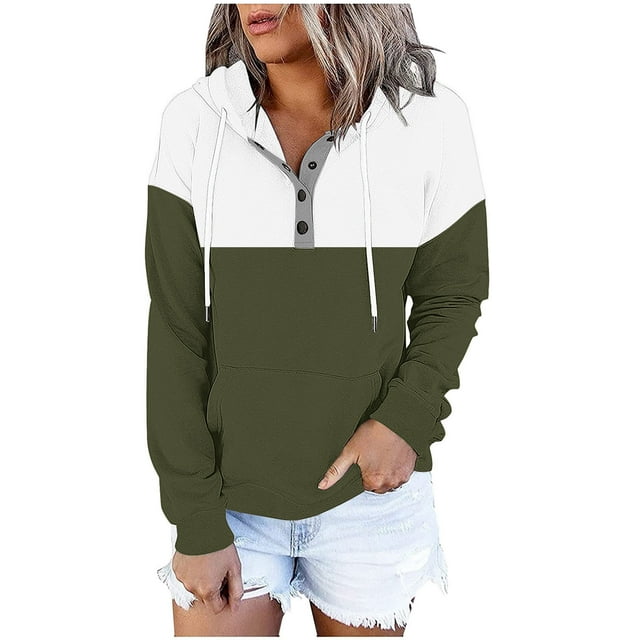 JGGSPWM Chandails à Capuche Contrastants pour Femmes avec Col à Boutons et Cordon de Serrage, Chandail Décontracté à Manches Longues, Vert TTG