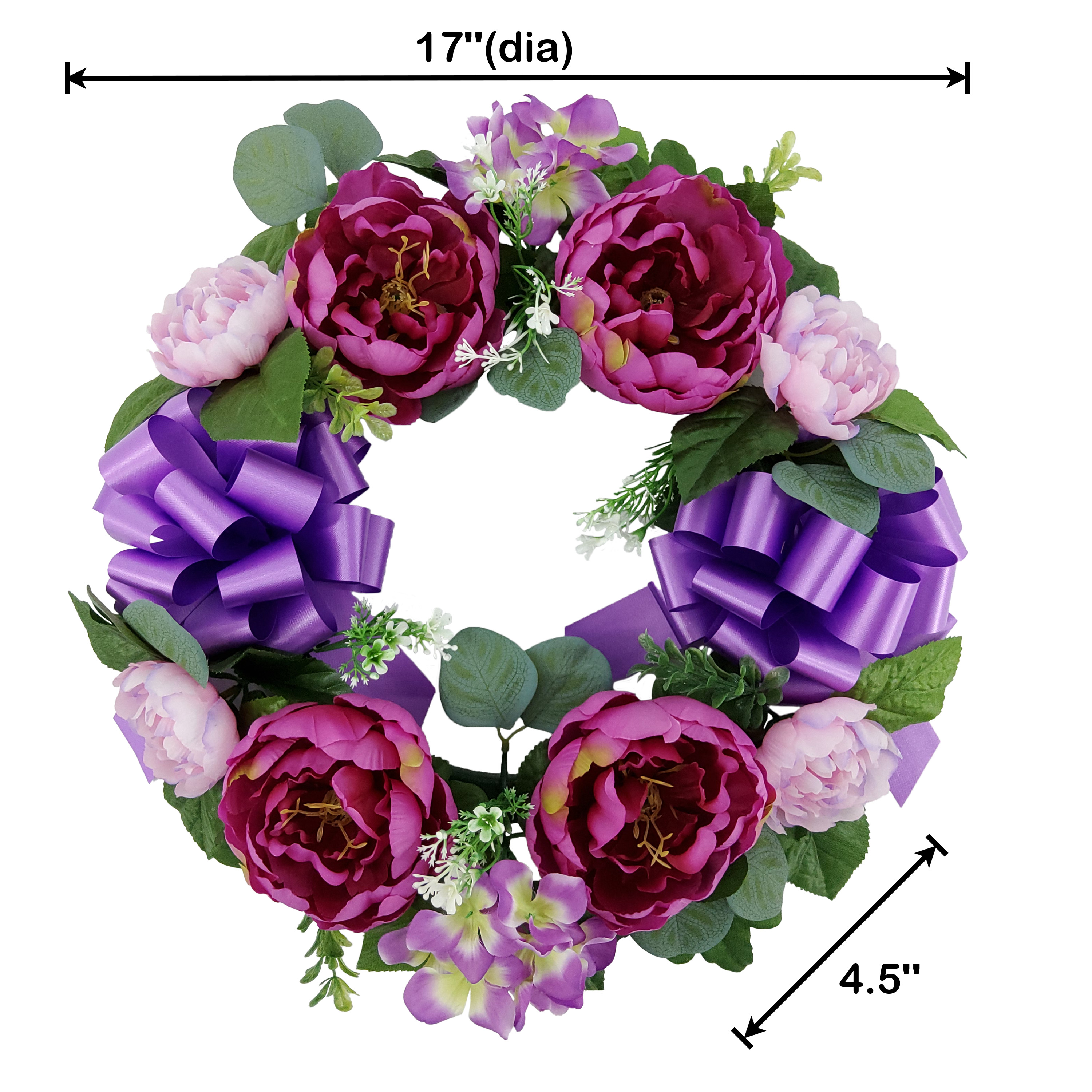 Mainstays 17 in Outdoor Artificial Peony Wreath with Metal Easel, Polyester, Purple